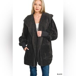 Zenana Hooded Faux Fur Jacket with Pockets